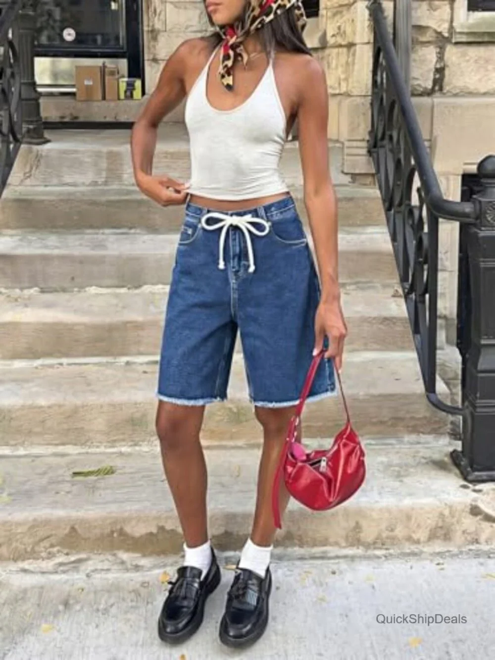 High Waisted Denim Shorts Bermuda Baggy Drawstring Raw Hem Jorts Knee Length